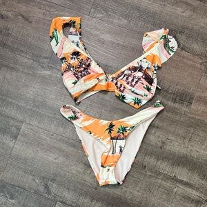 aerie Orange & Cream Tropical Palm Ruffle Bikini Set